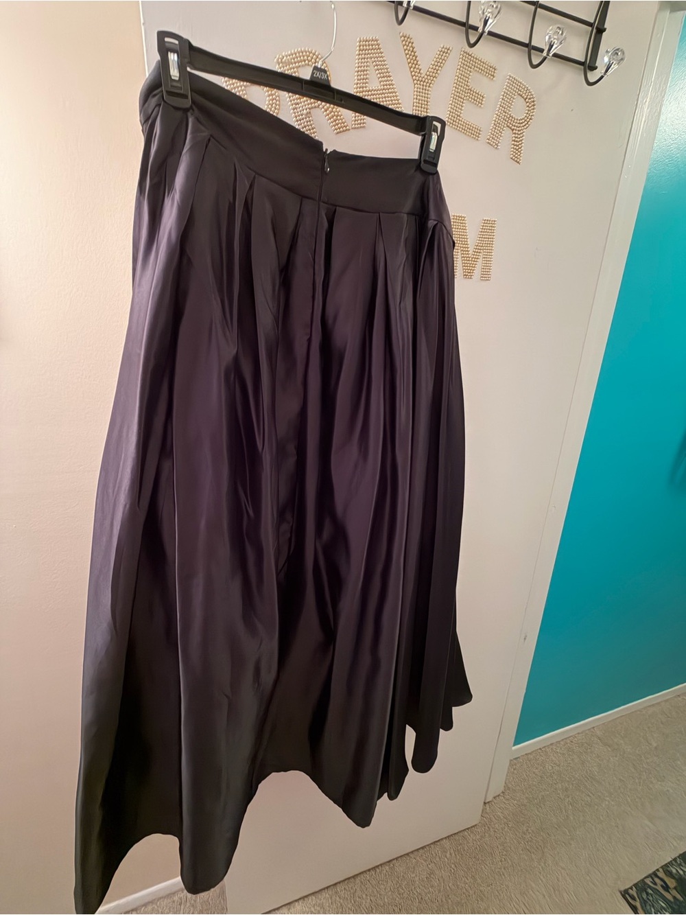 Black Satin A-Line Pleated Midi Skirt